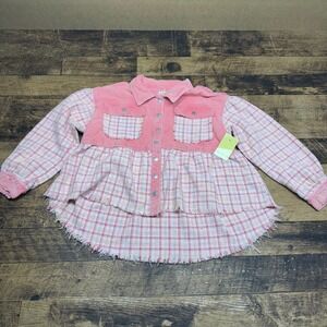 Amy Adie & Co. Plaid Corduroy Shacket Frayed Hem Long Sleeve‎ Pink Medium READ